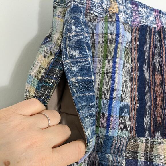 Patchwork Maxi Skirt S Blue Multi Plaid Boho Hippie Floral Embroidered Pull On - Picture 9 of 12